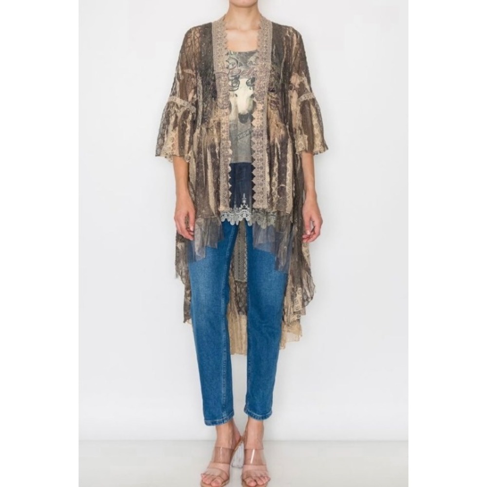 Origami Lace Duster Cardigan Women XL Brown Western Boho Horse Skull Graphic New - Picture 2 of 6